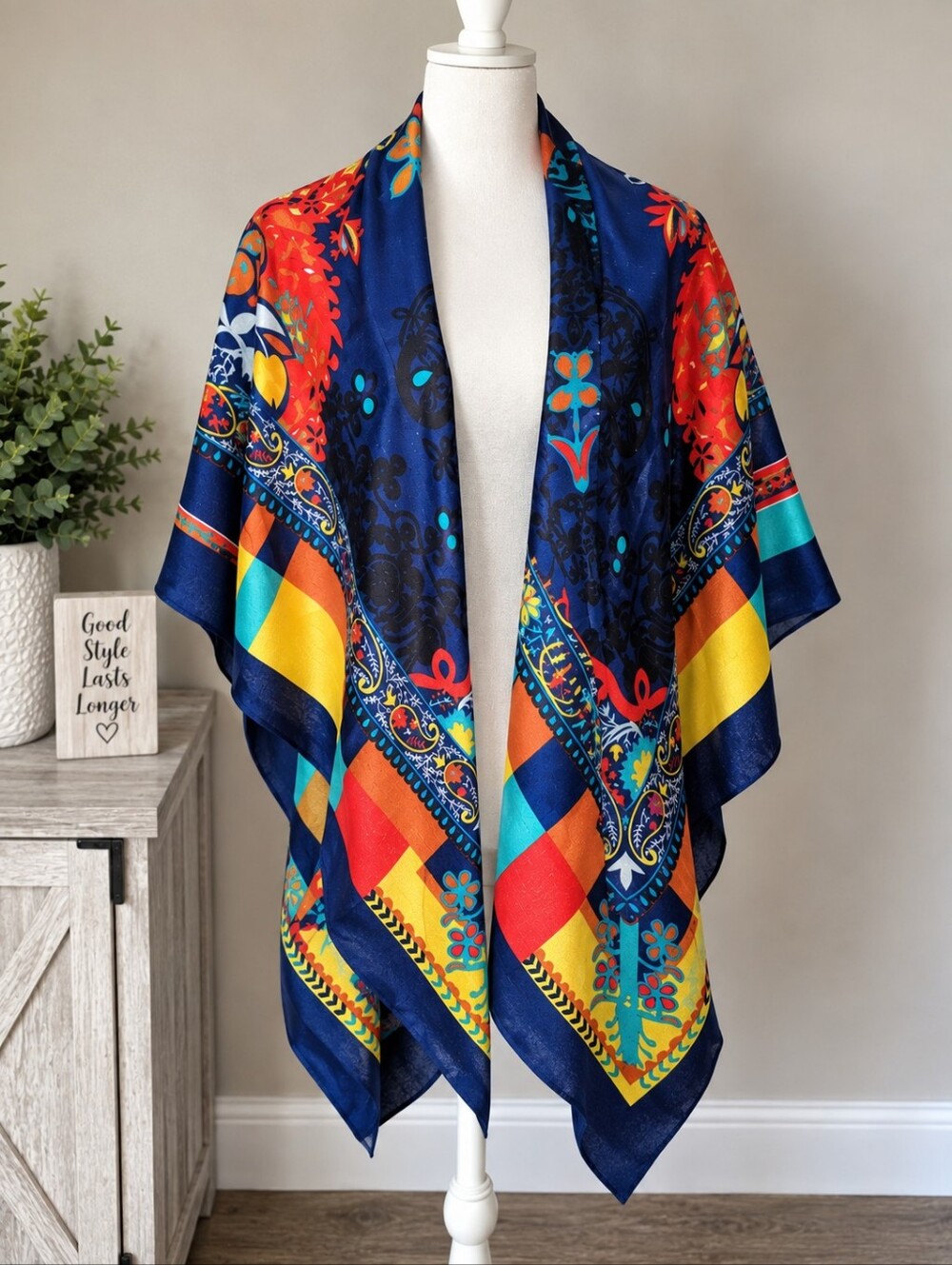 chic Navy Multicolor Geometric & Floral Wrap Scarf